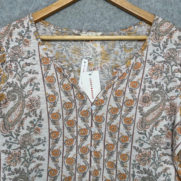 Lucky Brand Womens Peasant Blouse Size L Floral Print V Neck Long Sleeve Boho - Picture 2 of 10